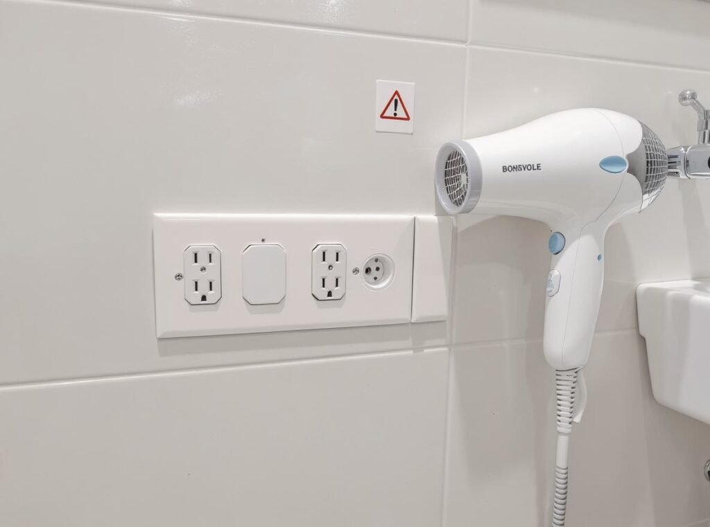 Hair dryer electrical safety setup showing GFCI outlet and proper grounding