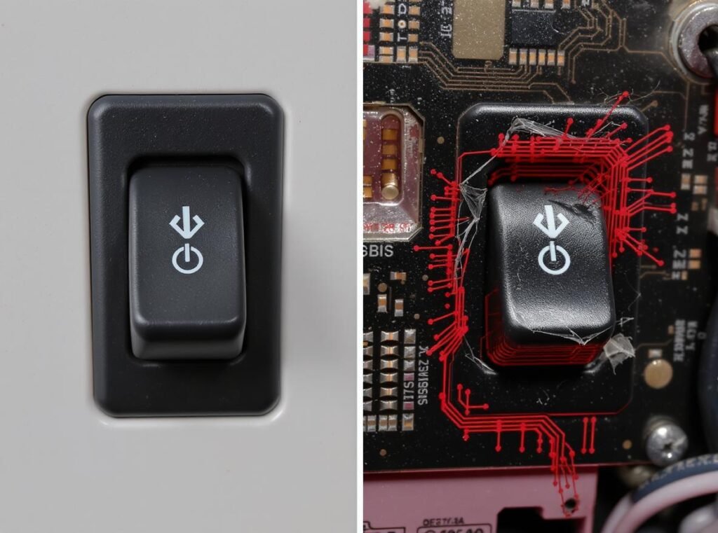 Quality comparison showing good versus defective hair dryer switches with visible red flags
