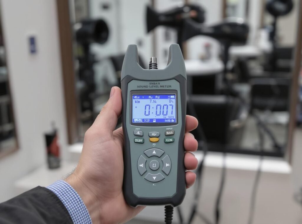 Professional using sound level meter to measure hair dryer decibels and monitor salon noise levels