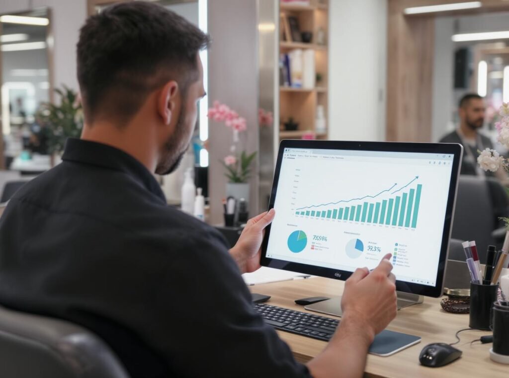 Successful salon owner reviewing business growth from smart equipment investments