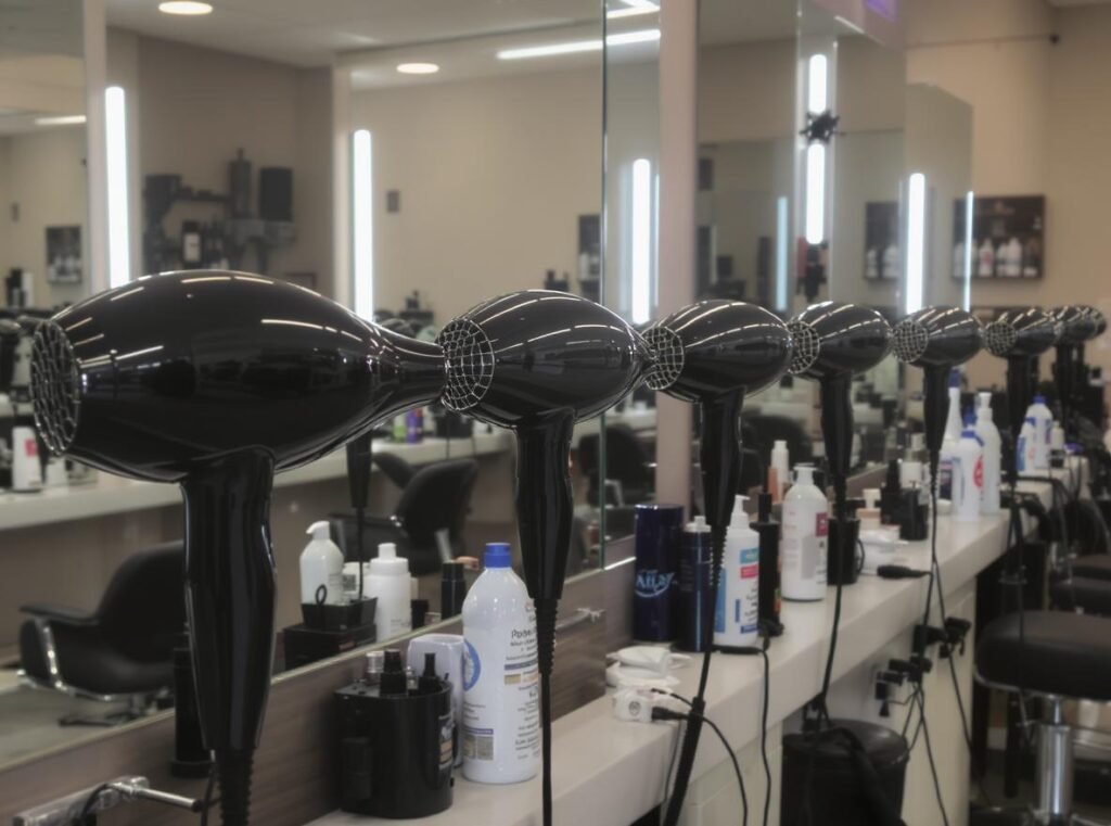 Professional hair salon with safe hair dryers featuring thermal fuse protection