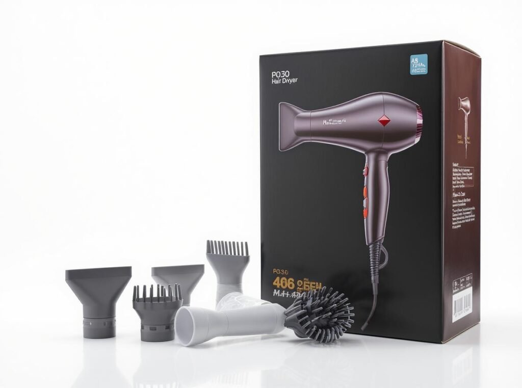 Professional hair dryer for wholesale distribution showing electrical specifications