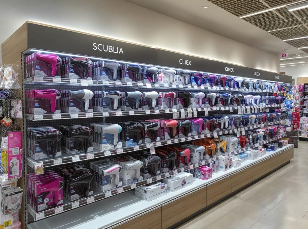 Retail positioning strategy for compact and full-size hair dryers in store displays