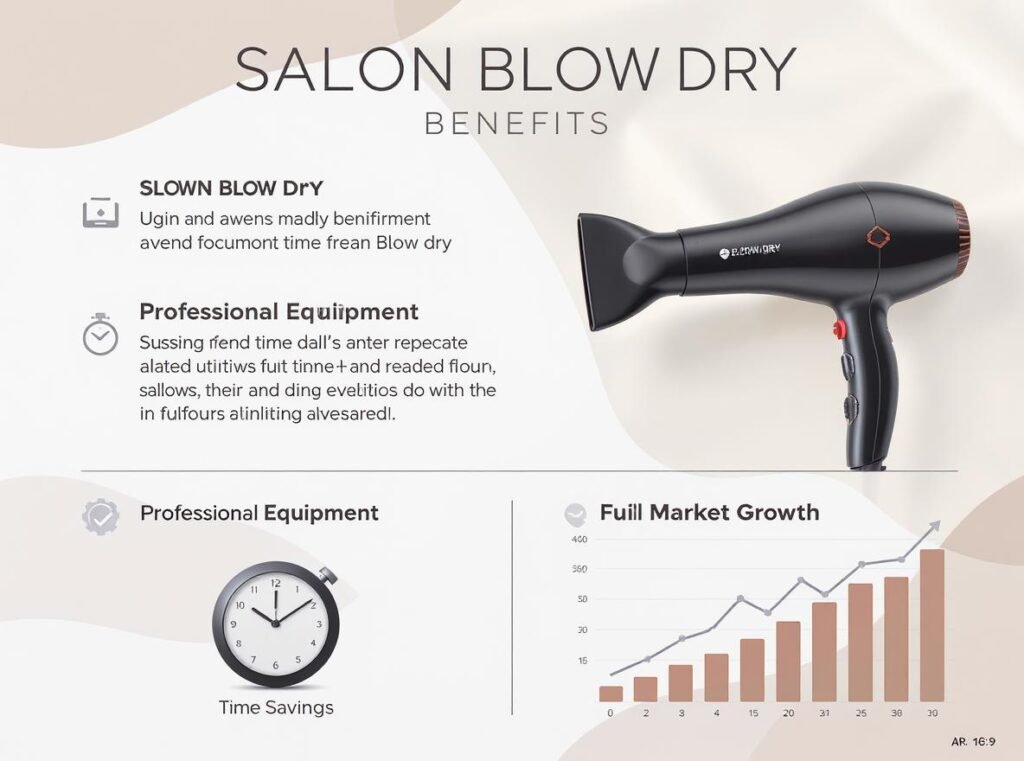 Comprehensive infographic showing professional blow dry benefits and market growth statistics