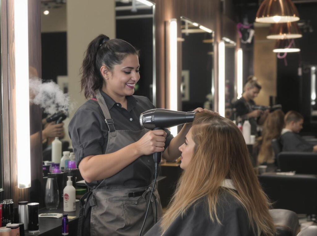 Professional hairstylist using Dyson hair dryer in salon