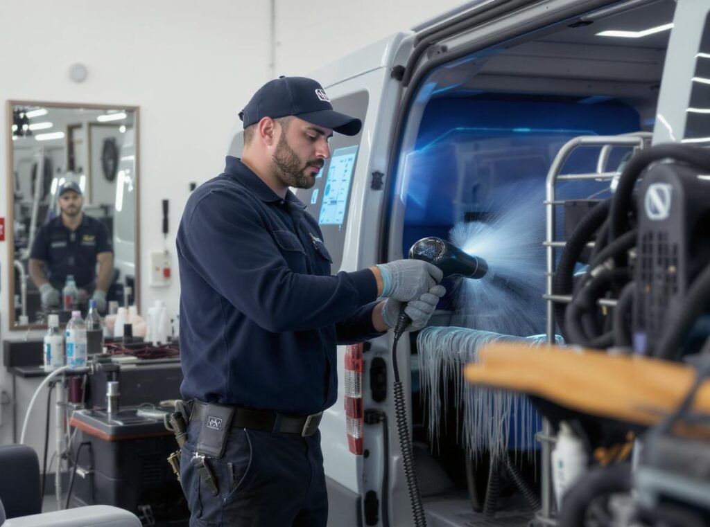 Professional hair dryer cleaning service technician maintaining salon equipment
