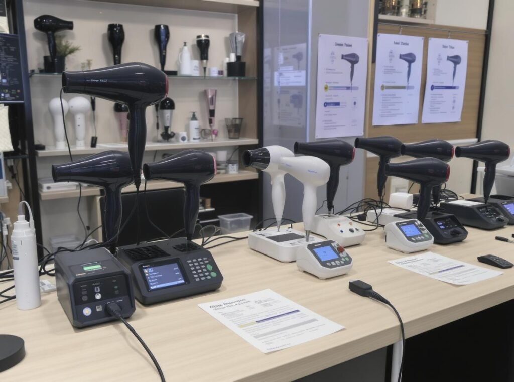Retail CFM testing setup with digital measurement equipment for hair dryer verification