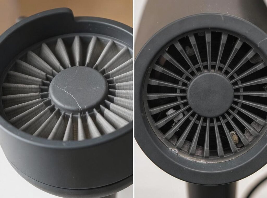 Hair dryer filter replacement indicators showing new versus damaged filters