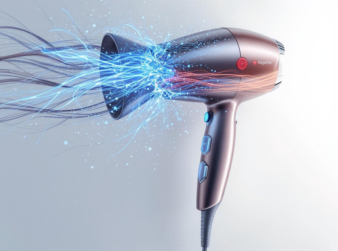 Ionic hair dryer technology showing negative ions reducing frizz through molecular breakdown
