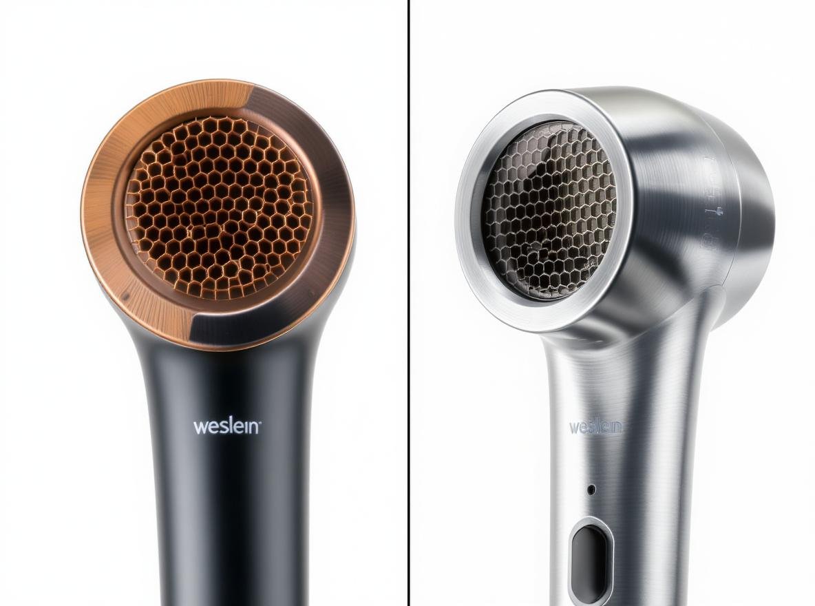 Ceramic vs titanium hair dryer barrel comparison showing different materials and finishes