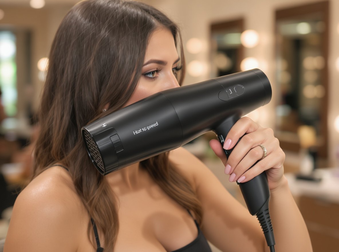 Professional hair dryer with multiple heat and speed settings being used in salon environment