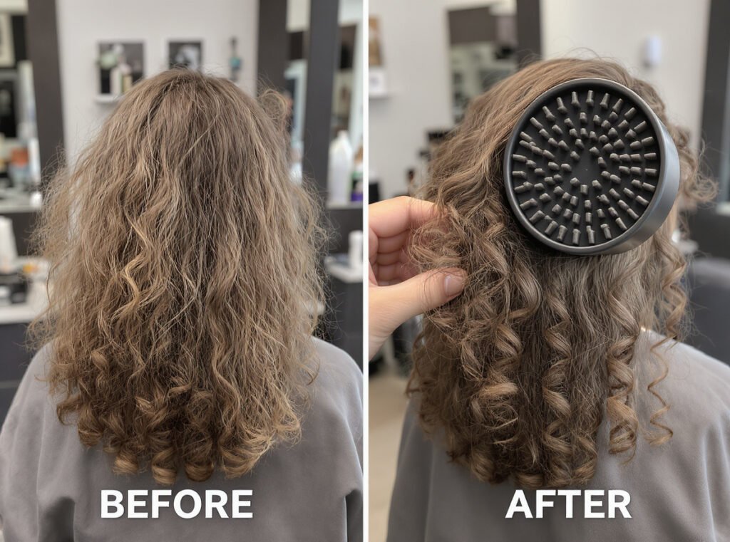 Before and after comparison of curly hair showing frizzy curls transformed into defined curls using diffuser attachment