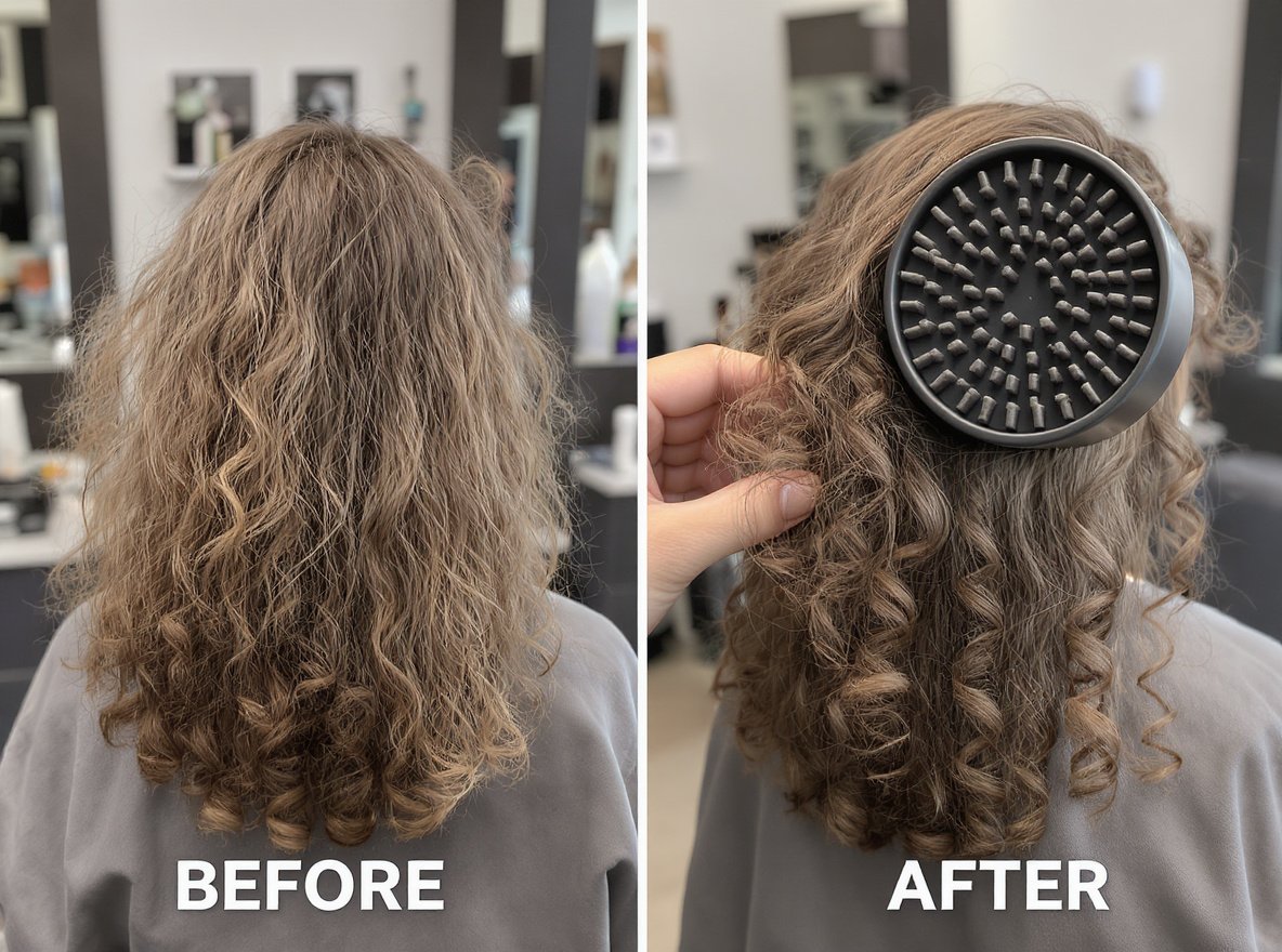 Before and after comparison of curly hair showing frizzy curls transformed into defined curls using diffuser attachment