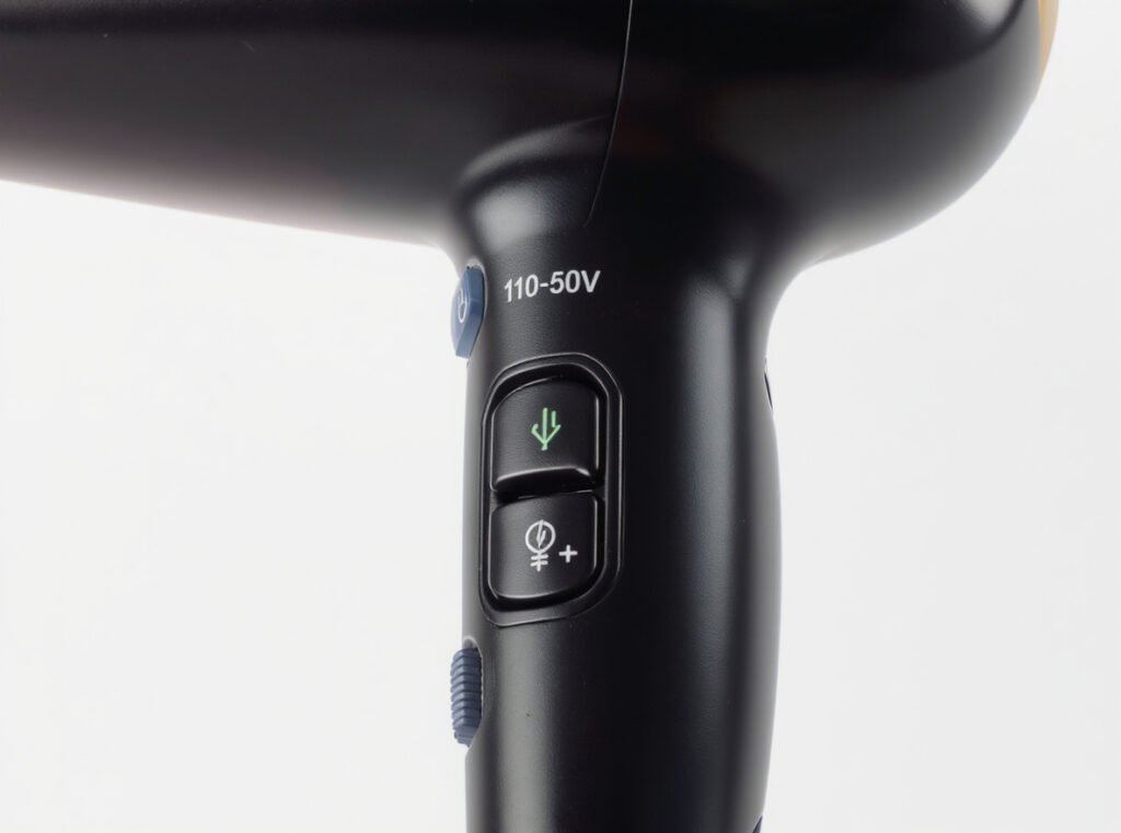 Dual voltage hair dryer showing voltage label and international compatibility features