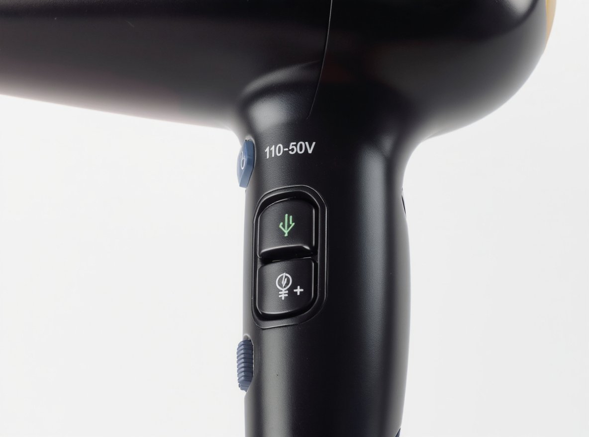 Dual voltage hair dryer showing voltage label and international compatibility features