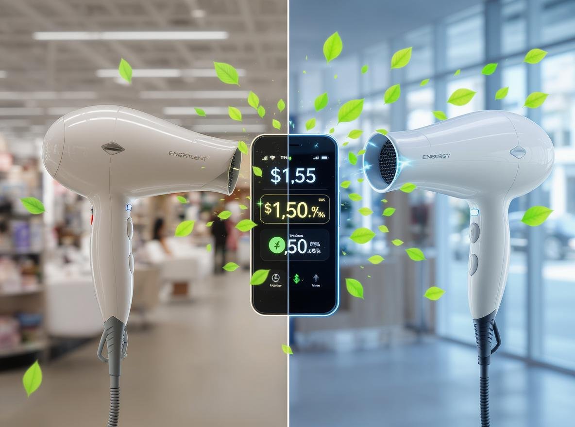 Energy efficient hair dryers comparison showing cost savings and environmental benefits for retailers
