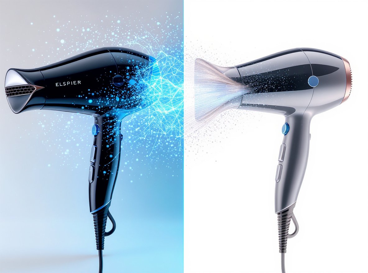 Professional ionic hair dryer vs budget model comparison showing negative ion technology differences