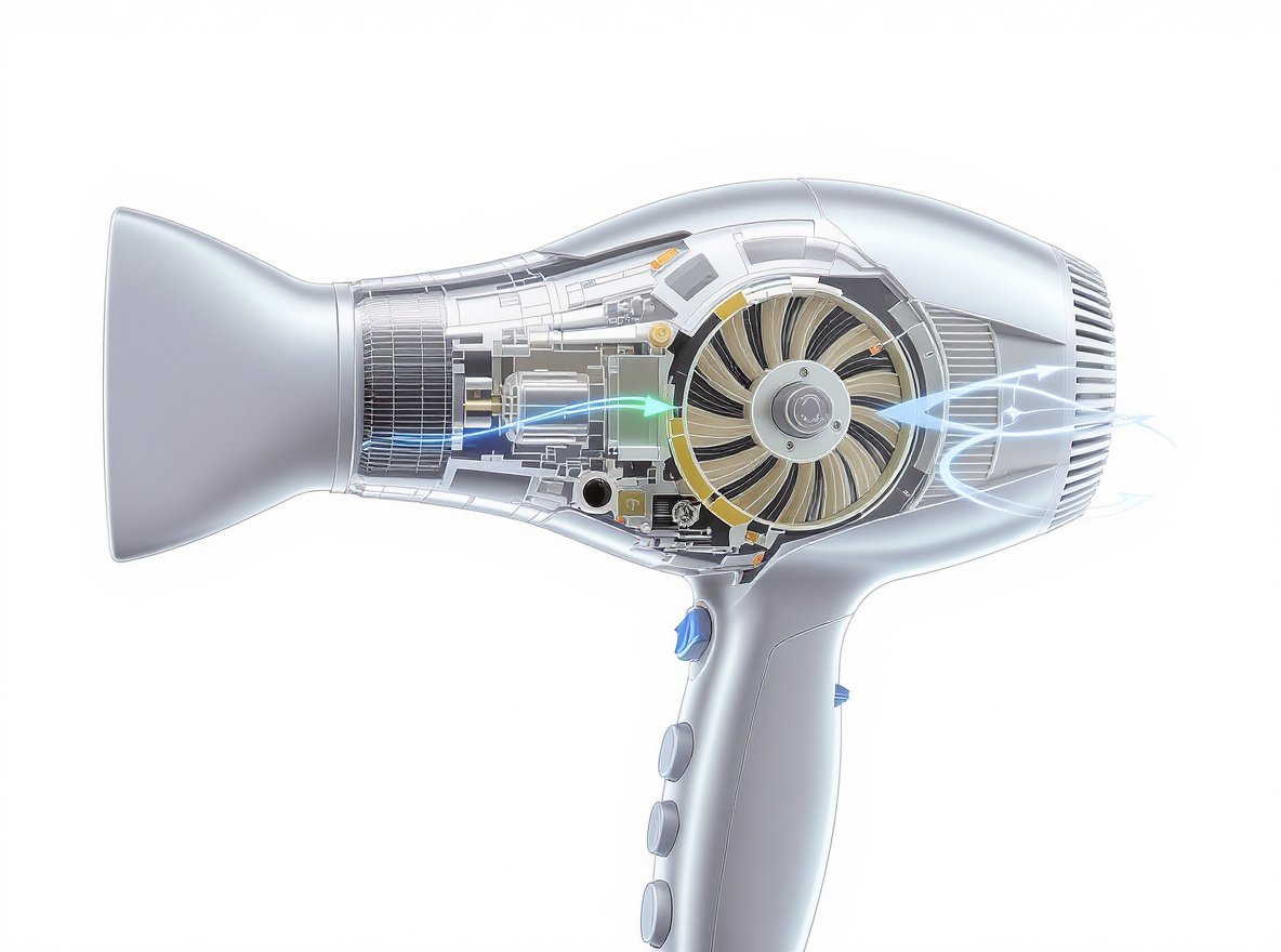 Hair dryer internal fan design showing centrifugal blades and brushless motor components