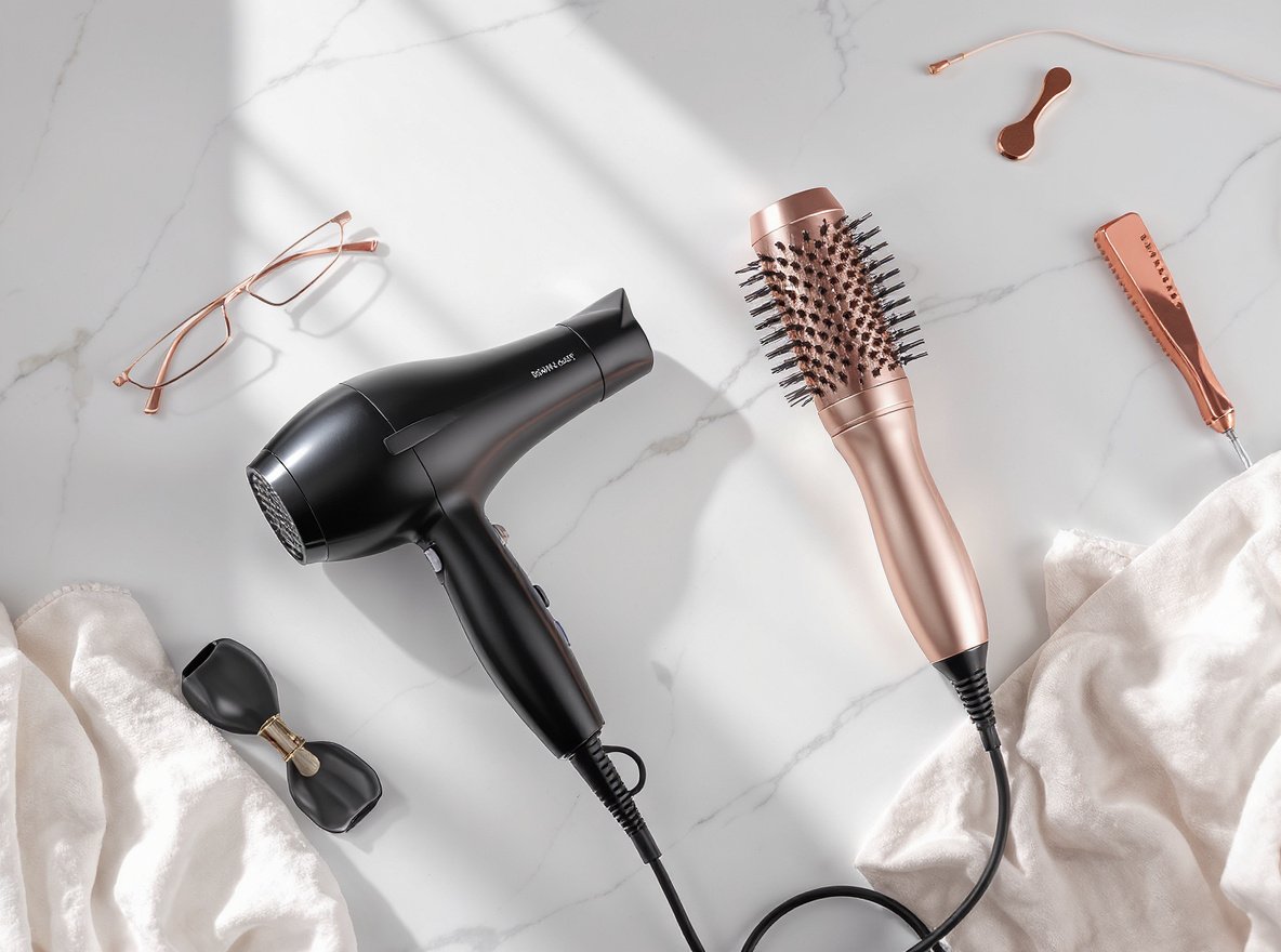 Hair dryer and hot air brush comparison - professional styling tools side by side