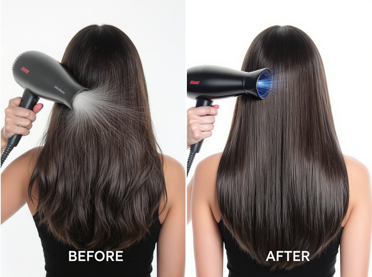 Active Frizz Control Technology hair dryer before and after results showing smooth frizz-free hair
