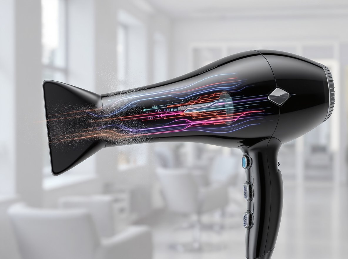 Self-cleaning hair dryer showing reverse airflow technology removing dust and debris particles