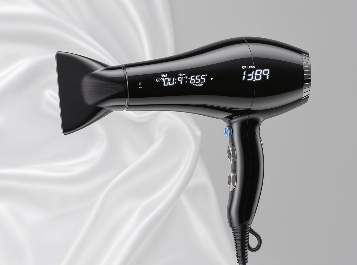 Touch screen hair dryer with LCD display showing temperature controls