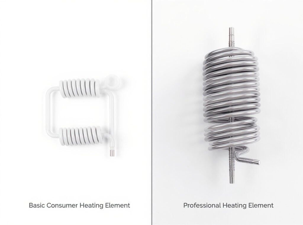 Consumer vs professional heating elements comparison showing construction quality differences