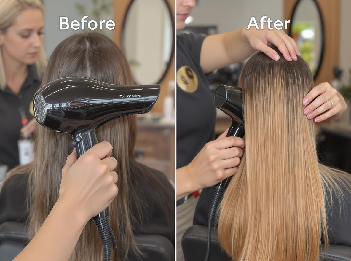Professional stylist using tourmaline hair dryer showing before and after hair results