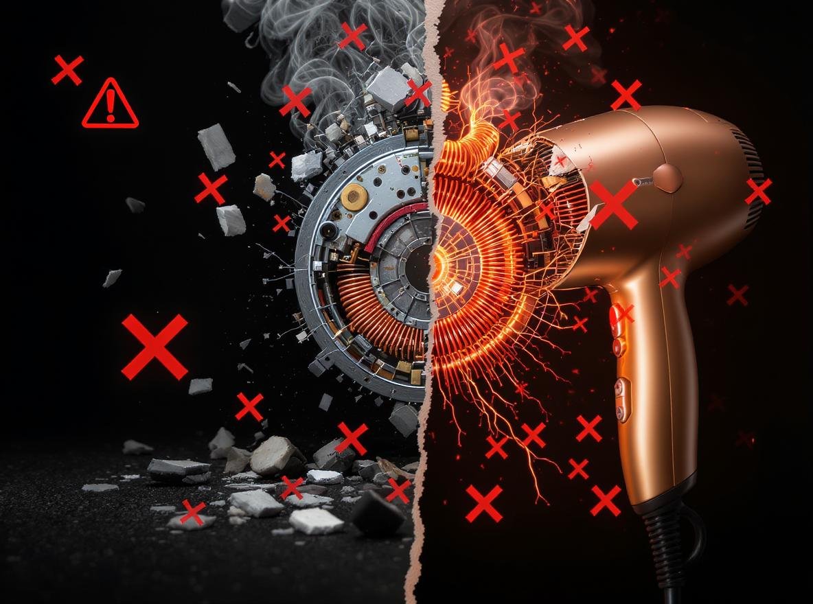 Common failure points in budget hair dryers showing motor, heating element and power cord problems