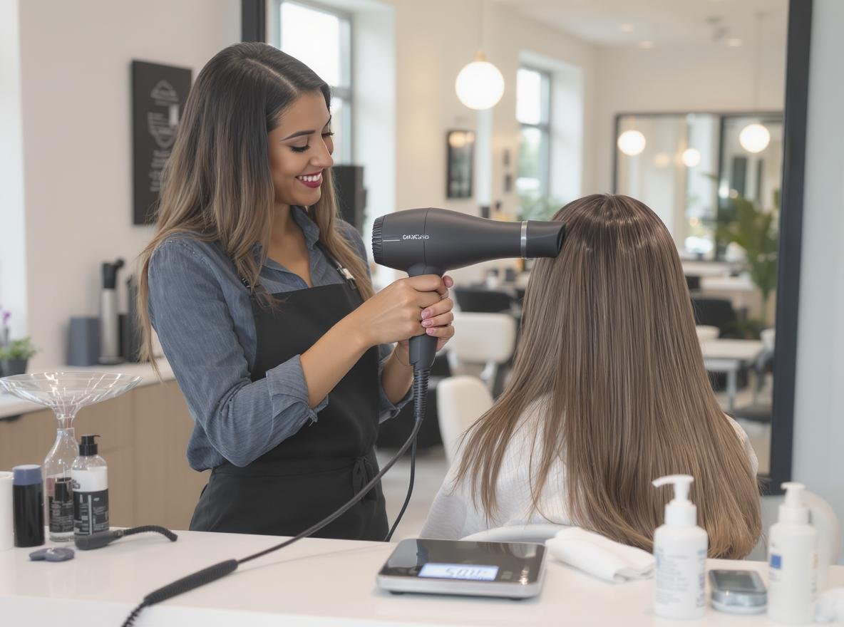 Lightweight professional hair dryer in salon setting with stylist and client