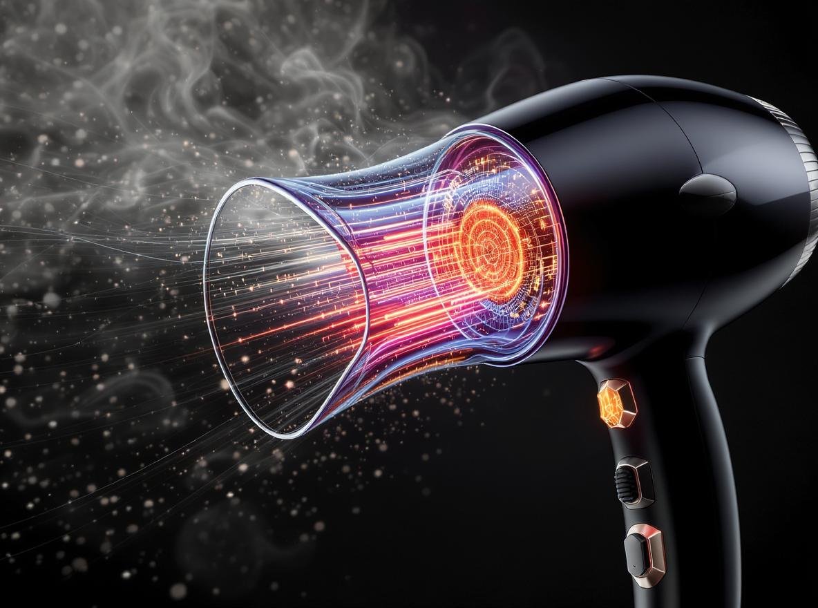 Tourmaline technology hair dryer showing crystal components and negative ion generation