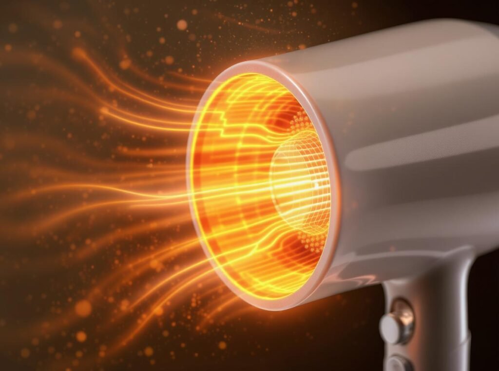 Ceramic hair dryer barrel showing infrared heat emission and negative ion generation