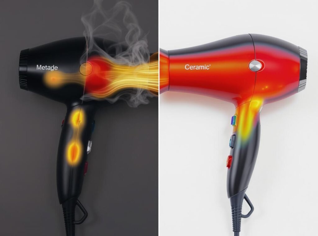 Traditional vs ceramic hair dryer heat distribution comparison showing technology differences