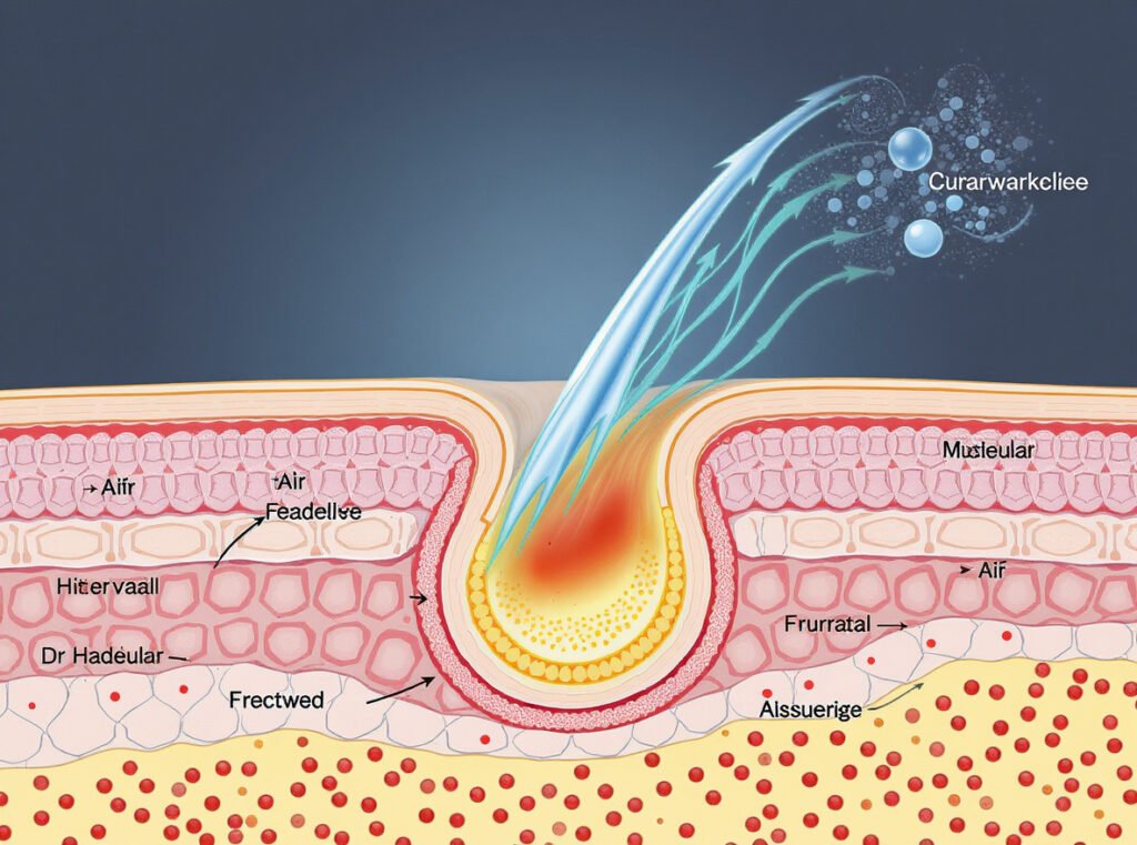 Hair cuticle structure diagram showing effects of heat and airflow on hair strands