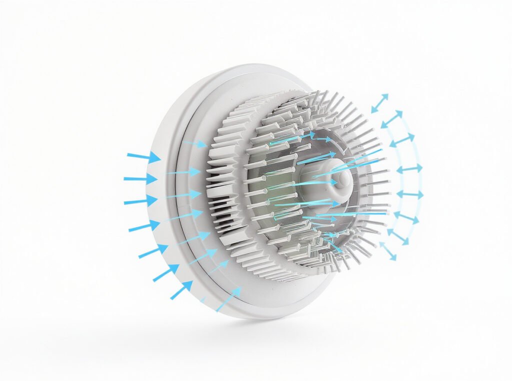Technical diagram of hair diffuser attachment showing perforated surface, finger prongs, and distributed airflow patterns