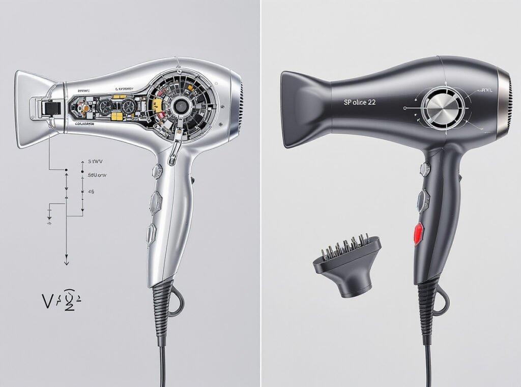 Internal components of true dual voltage hair dryer showing voltage conversion technology
