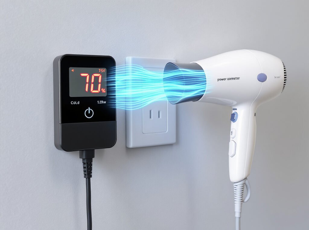 Hair dryer cold setting consuming 70 watts shown on digital power meter