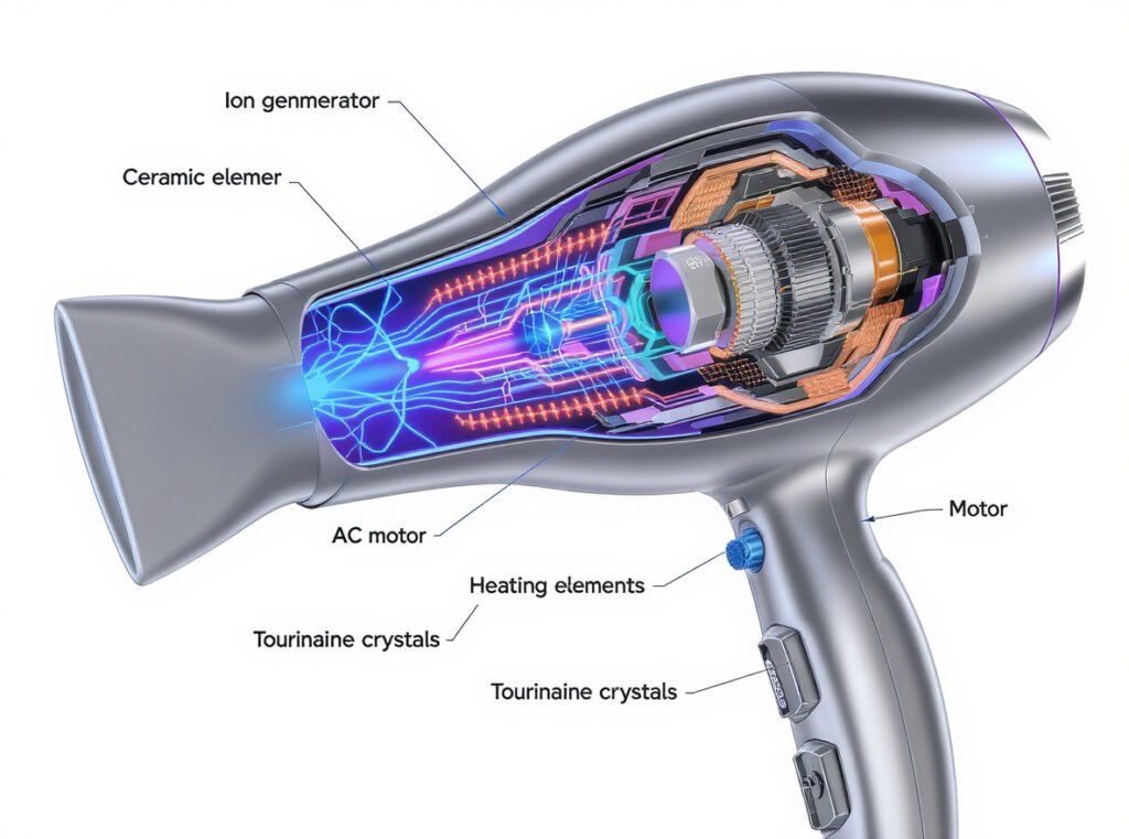 Ionic hair dryer internal components cutaway showing ion generator ceramic heating elements and motor