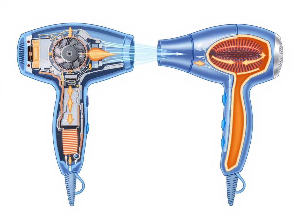Technical diagram showing how hair dryers and hot air brushes work internally