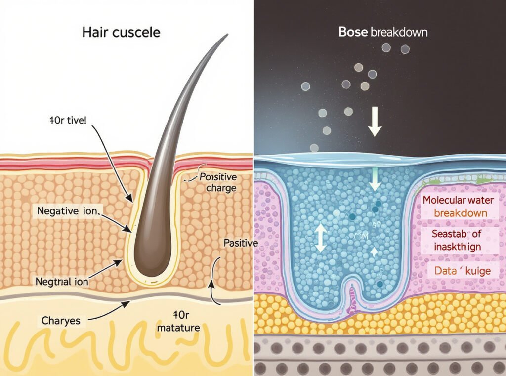 Scientific diagram showing how Active Frizz Control Technology works with ionic neutralization