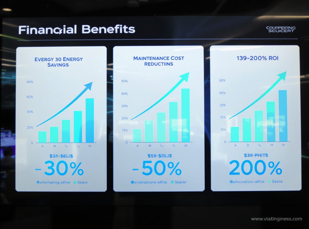 Business benefits chart showing 30% energy savings and 139-200% ROI from professional heating elements