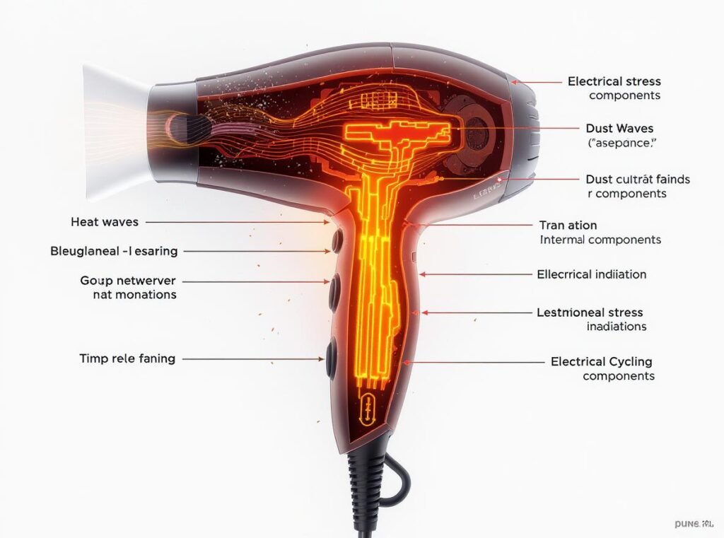 Hair dryer internal components showing heat cycling and dust accumulation damage