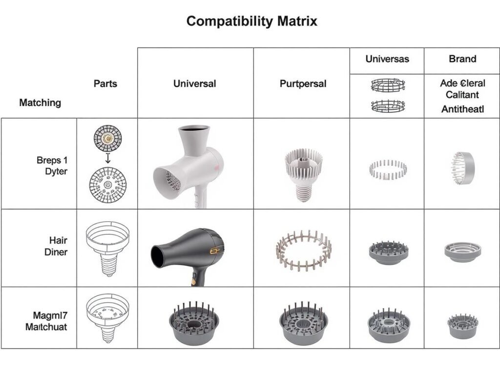 Hair dryer parts compatibility guide showing universal and brand-specific components
