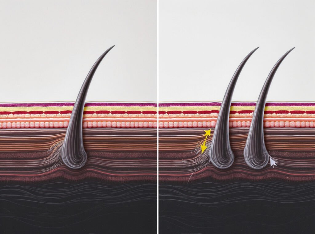 Microscopic comparison showing straight hair versus curly hair cuticle structure and vulnerability points