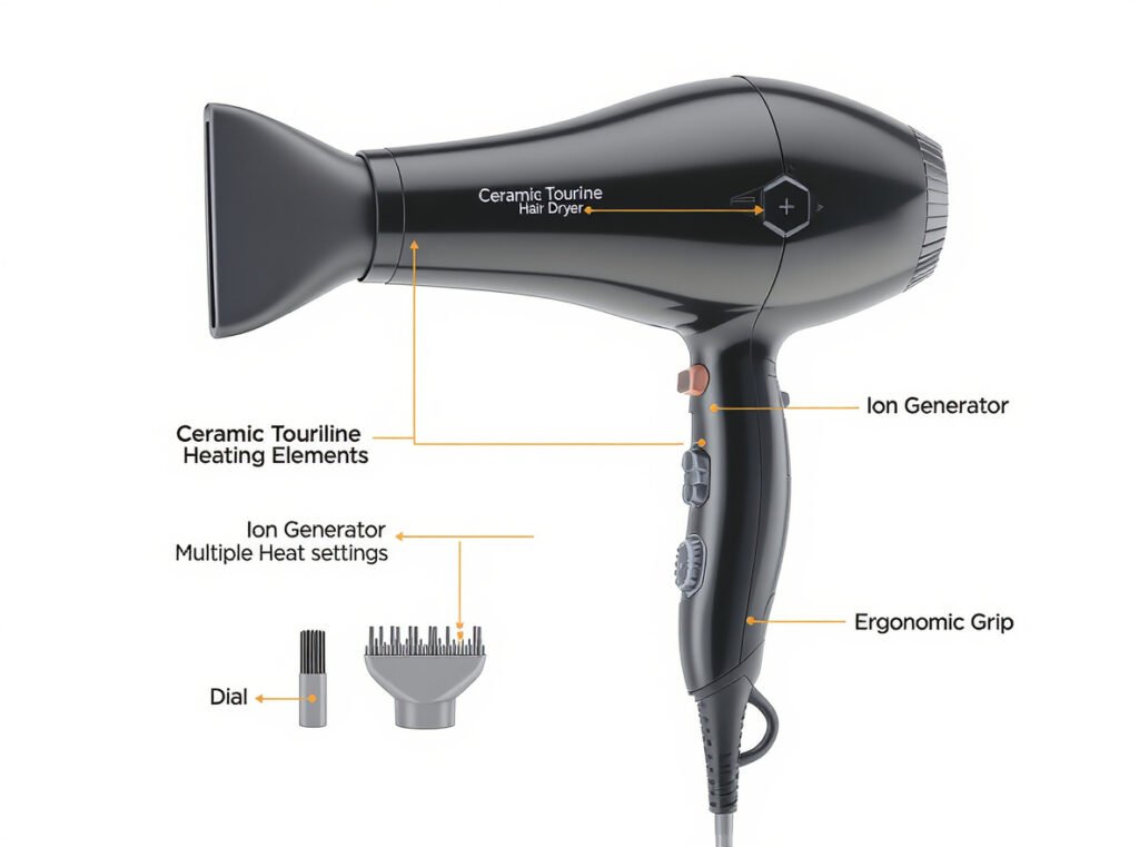High-quality ionic hair dryer features including ceramic elements ion controls and professional attachments