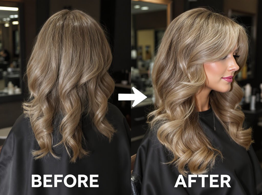 Professional hair styling results showing volume and smoothness achieved with styling tools