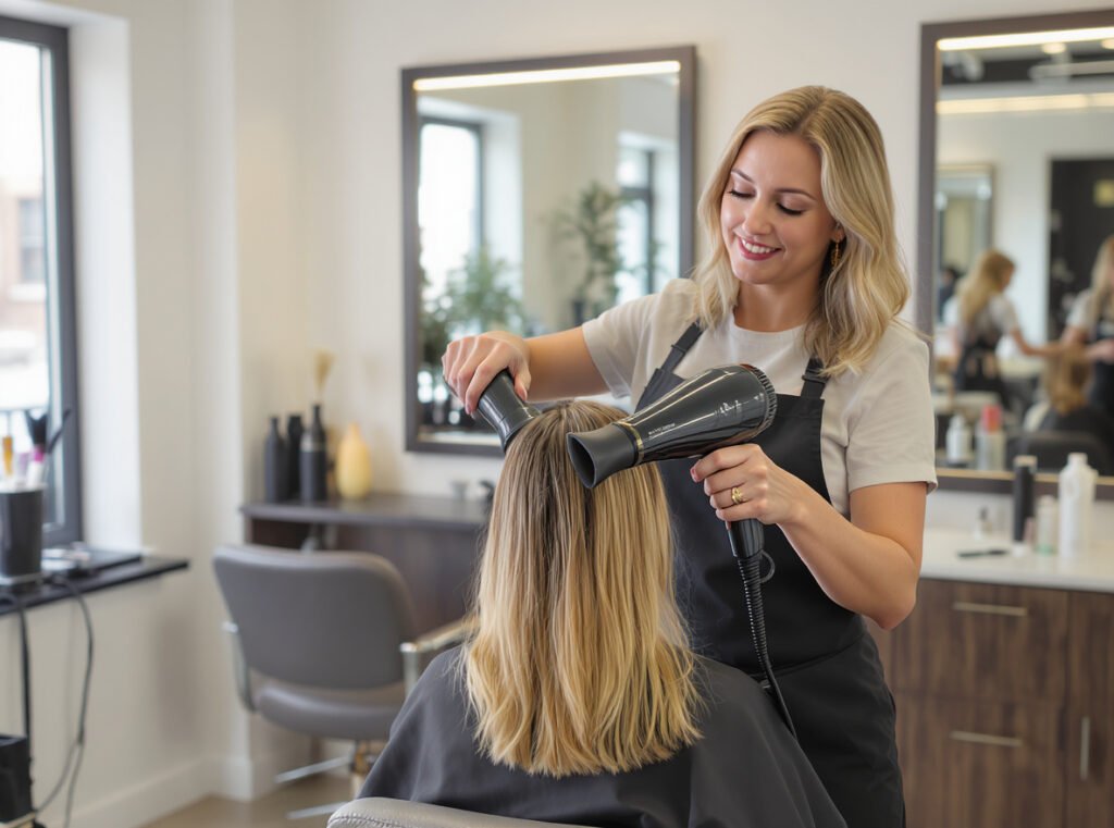 Professional hairstylist using swivel cord hair dryer in salon for enhanced mobility