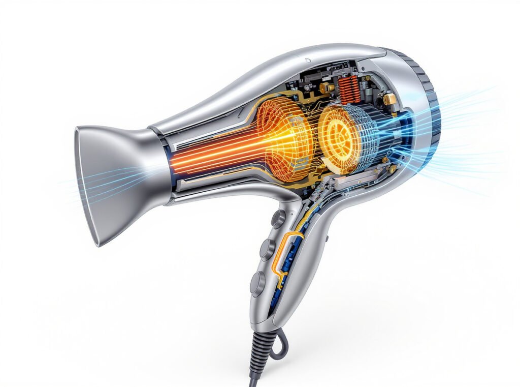 Internal components of graphene hair dryer showing heating technology and airflow