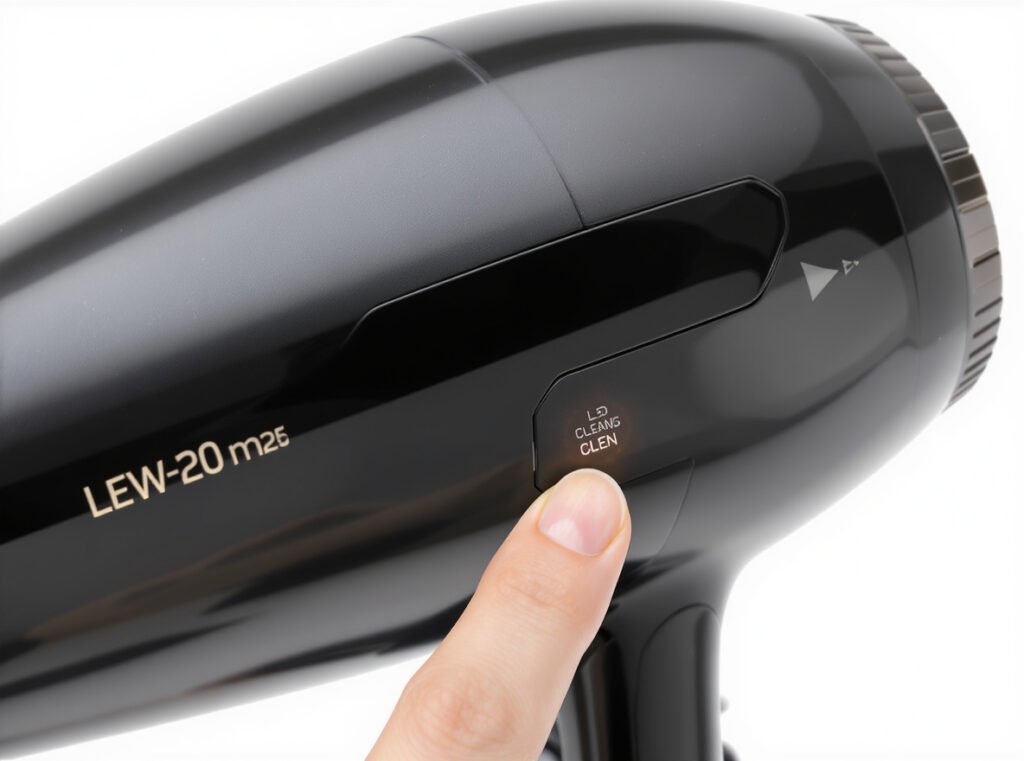 Hair dryer control buttons showing self-cleaning mode activation method