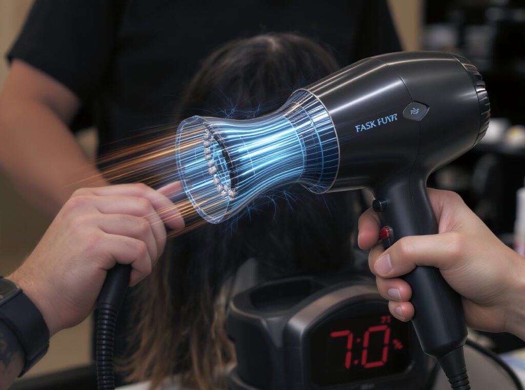Hair dryer performance testing showing faster drying times and temperature control